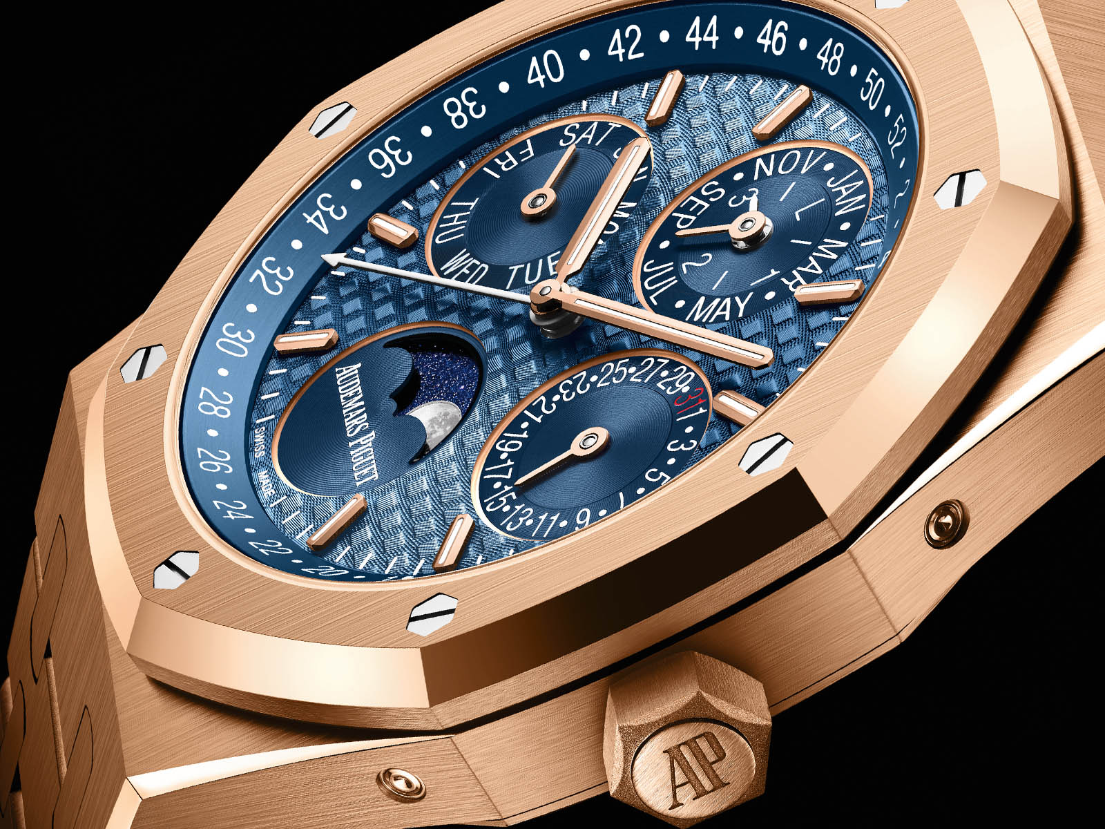 Audemars Piguet Royal Oak Perpetual Calendar Rose Gold Blue Dial Moonphase 26574OR.OO.1220OR.02 Box and Papers Mint Condition Preowned